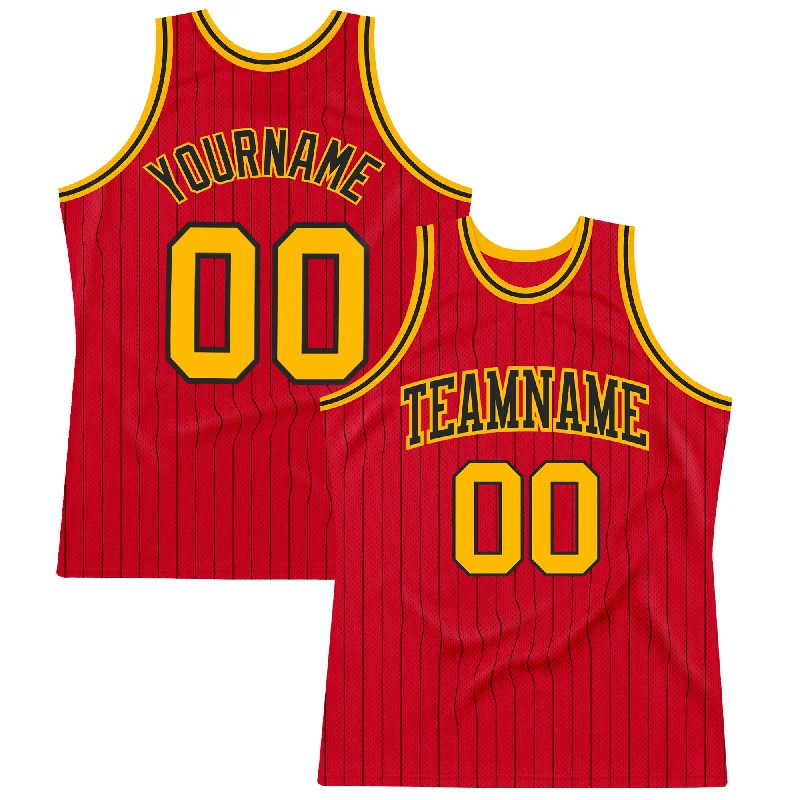 Custom Red Black Pinstripe Gold-Black Authentic Basketball Jersey