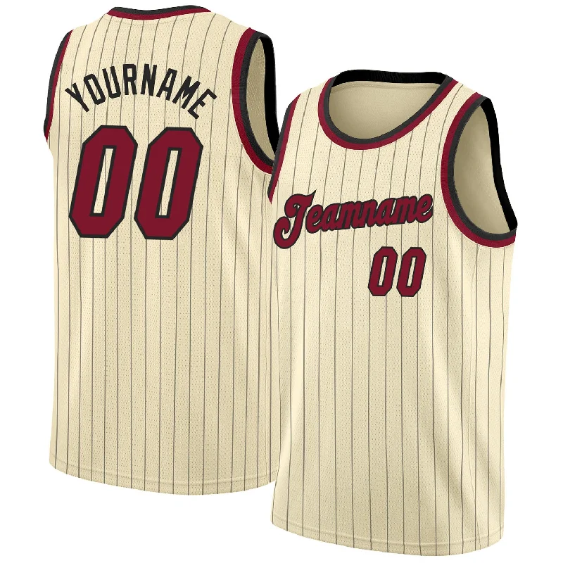 Custom Cream Black Pinstripe Maroon-Black Authentic Basketball Jersey