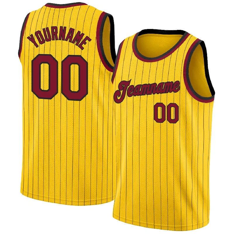 Custom Gold Black Pinstripe Maroon-Black Authentic Basketball Jersey