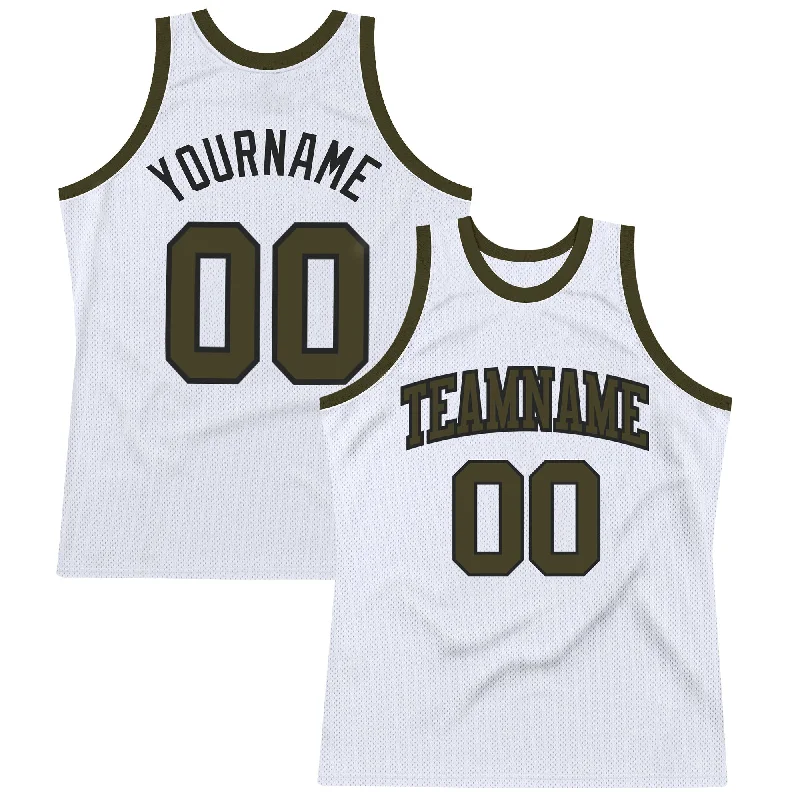 Custom White Olive-Black Authentic Throwback Basketball Jersey