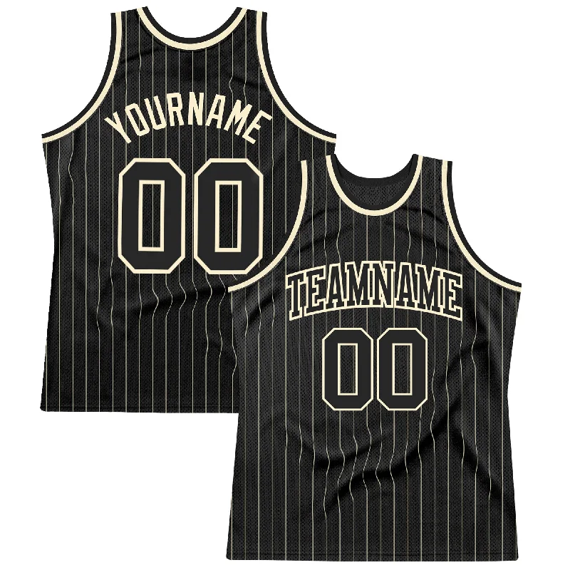 Custom Black Cream Pinstripe Black-Cream Authentic Basketball Jersey