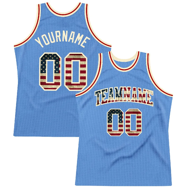 Custom Light Blue Vintage USA Flag-Cream Authentic Throwback Basketball Jersey