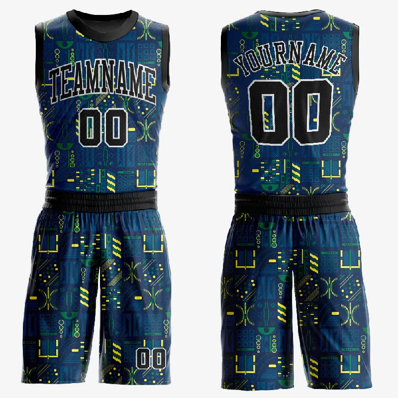 Custom Navy Black-Gold Round Neck Sublimation Basketball Suit Jersey