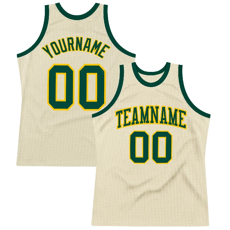 Custom Cream Green-Gold Authentic Throwback Basketball Jersey