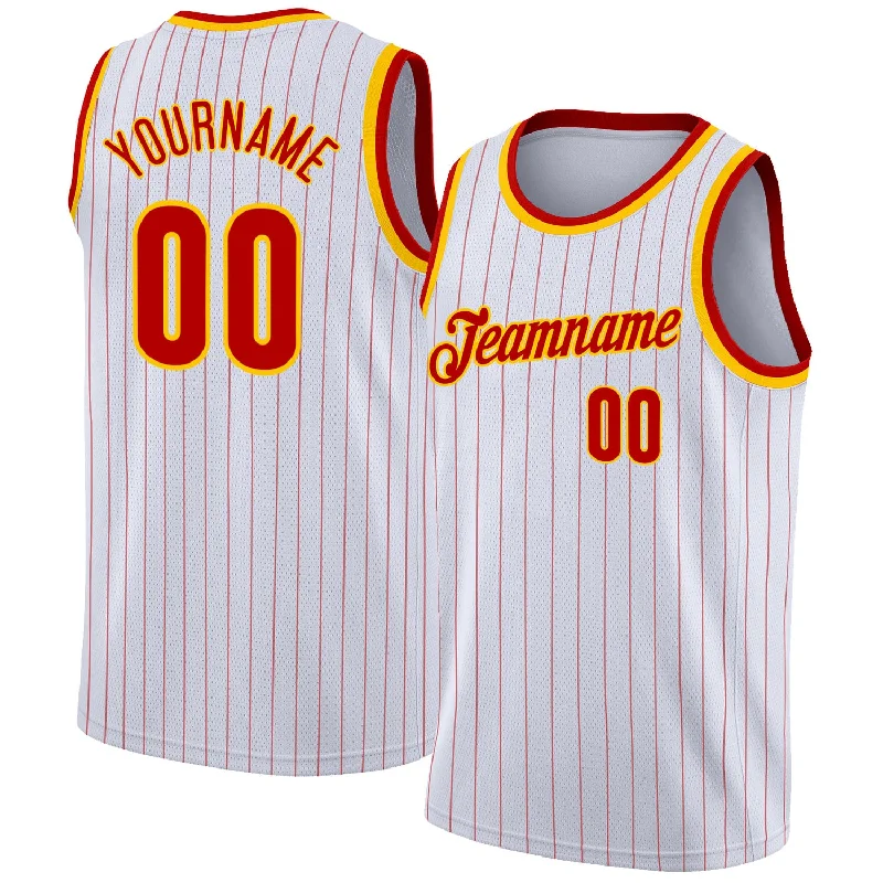 Custom White Red Pinstripe Red-Gold Authentic Basketball Jersey