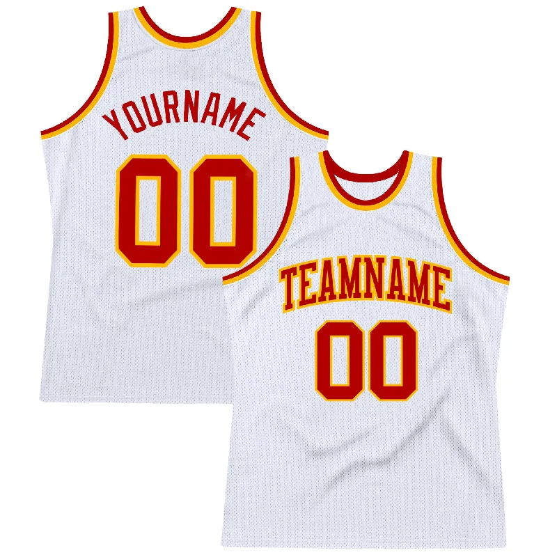 Custom White Red-Gold Authentic Throwback Basketball Jersey