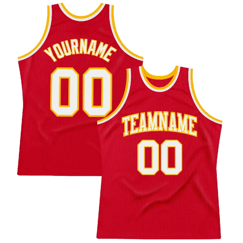 Custom Red White-Gold Authentic Throwback Basketball Jersey