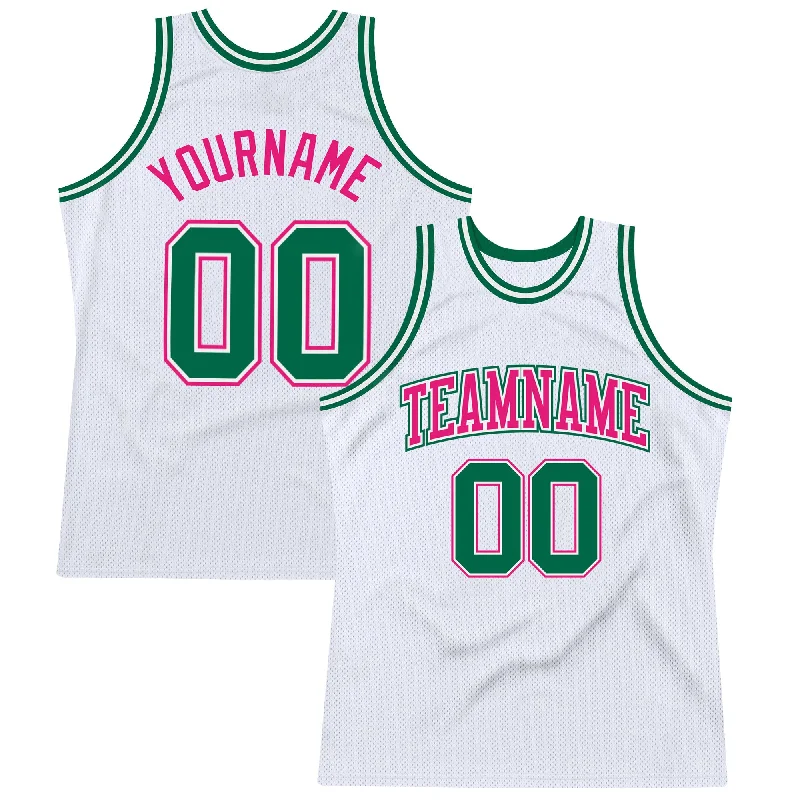 Custom White Kelly Green-Hot Pink Authentic Throwback Basketball Jersey