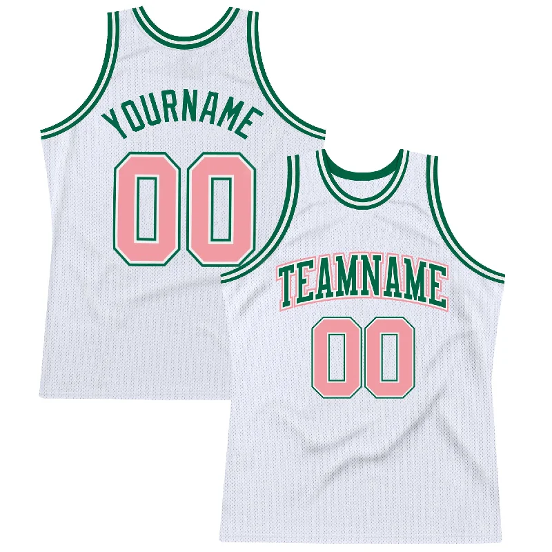 Custom White Medium Pink-Kelly Green Authentic Throwback Basketball Jersey