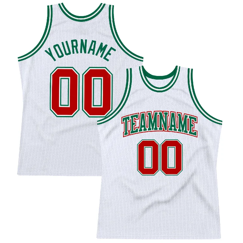 Custom White Red-Kelly Green Authentic Throwback Basketball Jersey