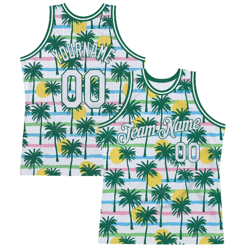 Custom White White-Kelly Green 3D Pattern Hawaii Palm Trees Authentic Basketball Jersey