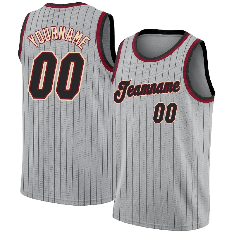 Custom Gray Black Pinstripe Black-Maroon Authentic Basketball Jersey