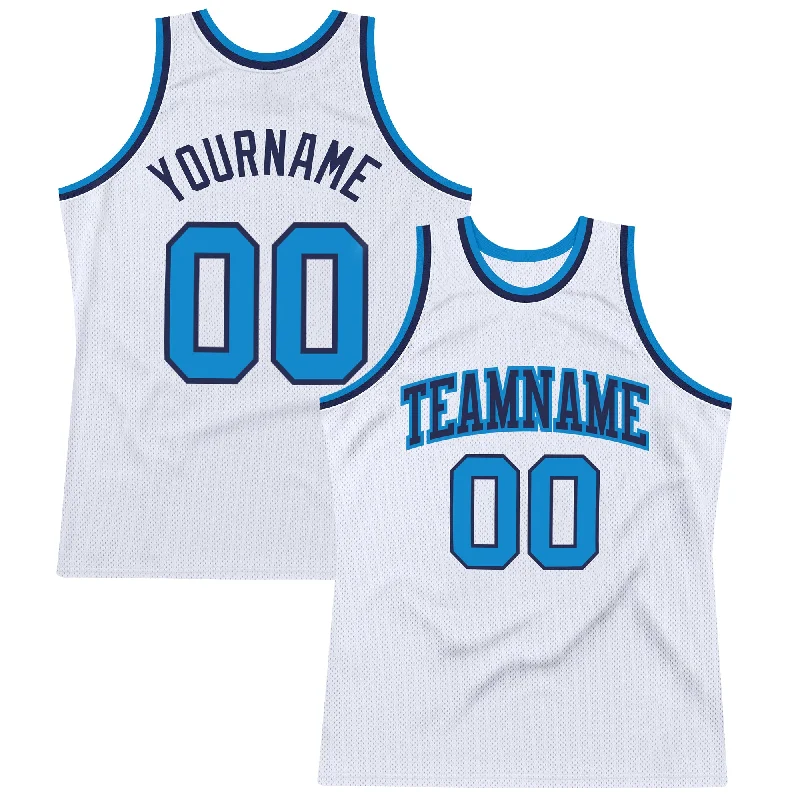 Custom White Blue-Navy Authentic Throwback Basketball Jersey