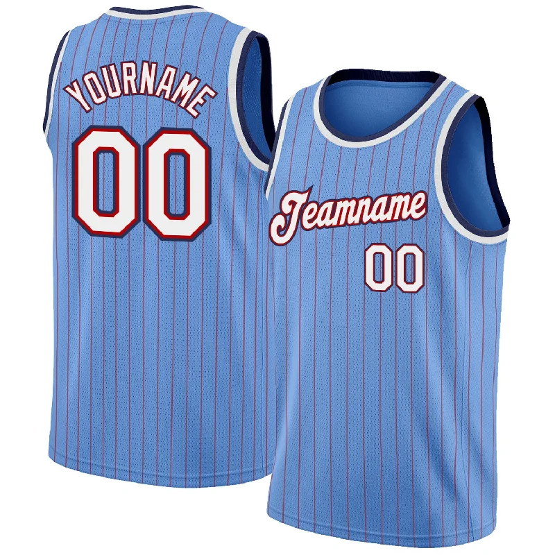 Custom Light Blue Red Pinstripe White-Navy Authentic Basketball Jersey