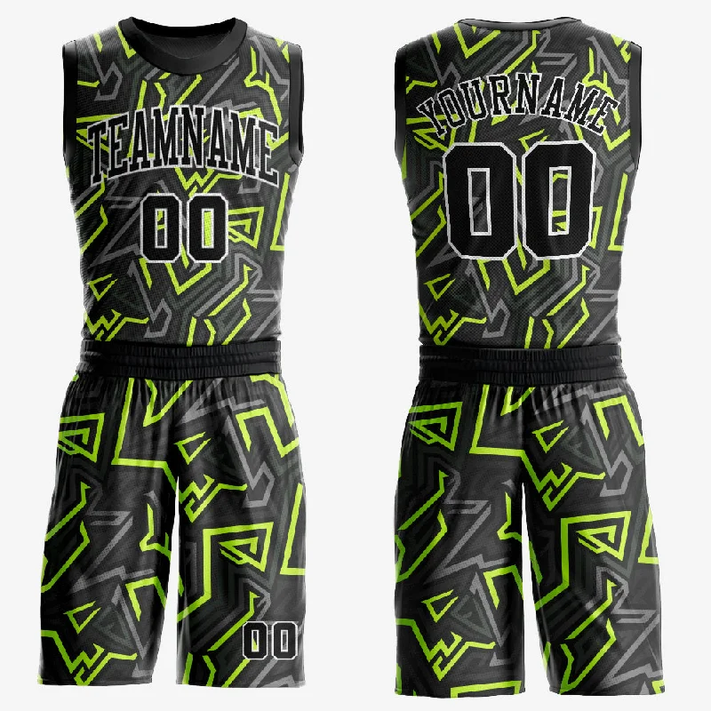 Custom Black Black-Neon Green Round Neck Sublimation Basketball Suit Jersey