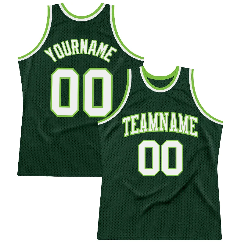 Custom Hunter Green White-Neon Green Authentic Throwback Basketball Jersey