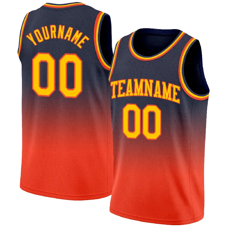 Custom Navy Gold-Orange Authentic Fade Fashion Basketball Jersey