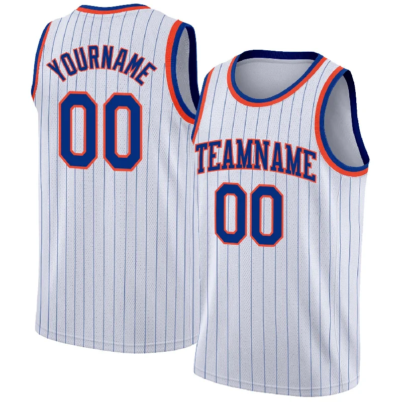 Custom White Royal Pinstripe Royal-Orange Authentic Basketball Jersey