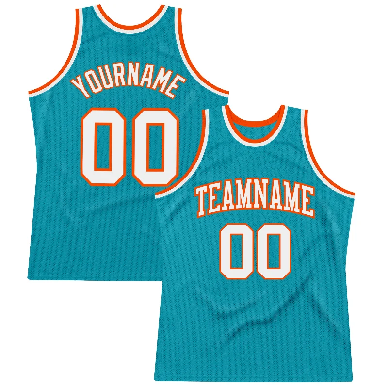 Custom Teal White-Orange Authentic Throwback Basketball Jersey