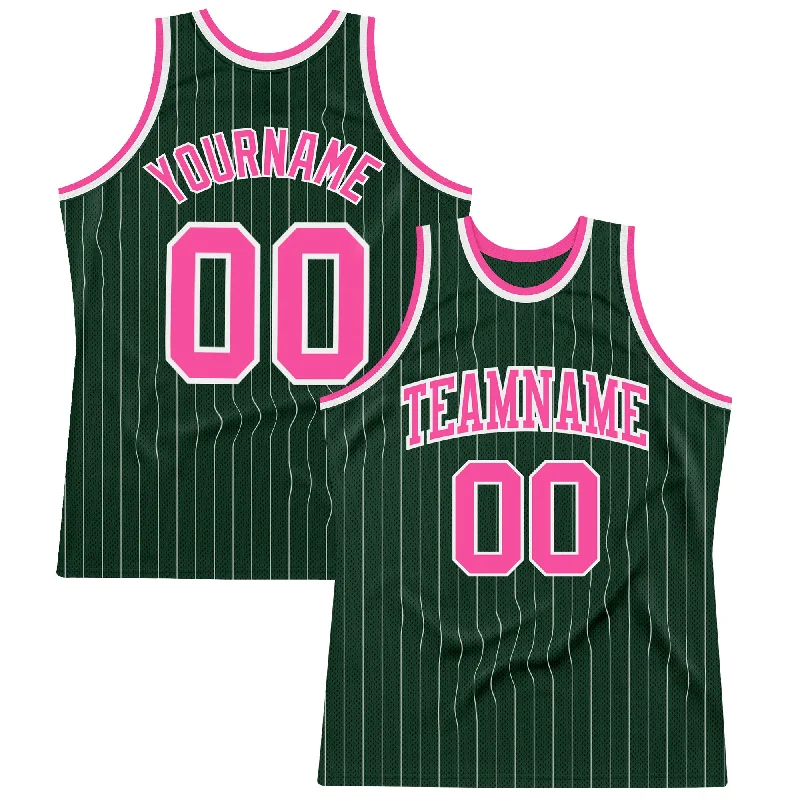 Custom Hunter Green White Pinstripe Pink Authentic Basketball Jersey