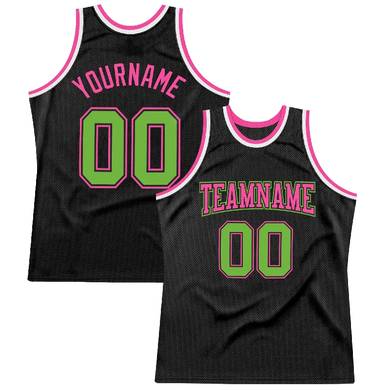 Custom Black Neon Green-Pink Authentic Throwback Basketball Jersey