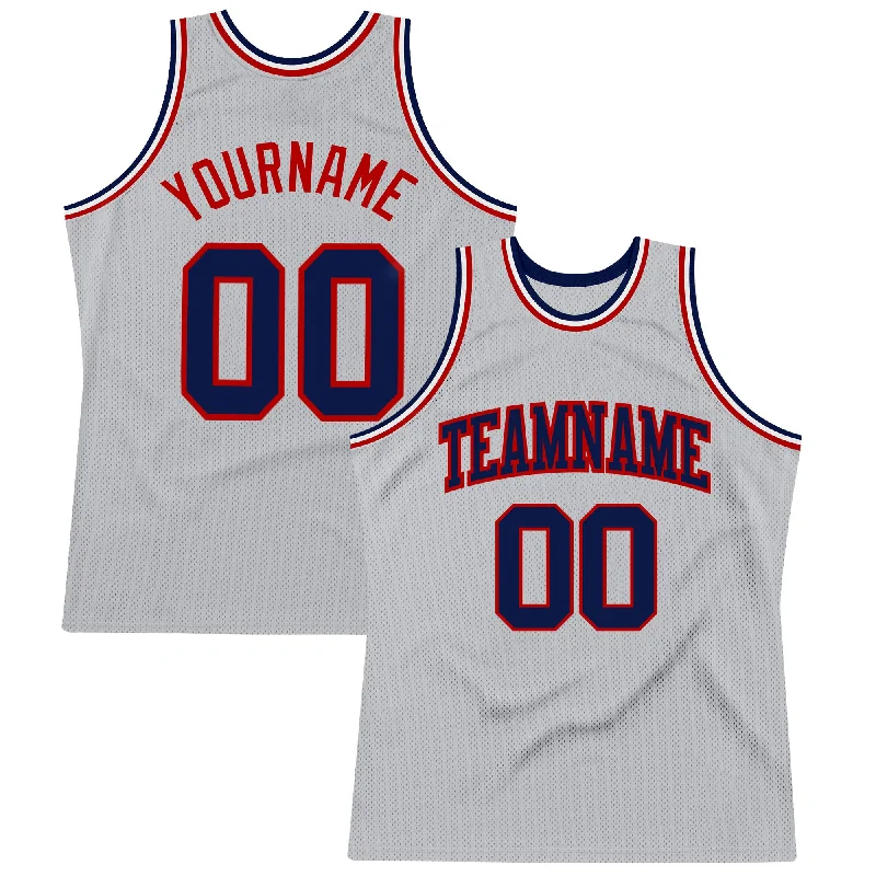 Custom Gray Navy-Red Authentic Throwback Basketball Jersey