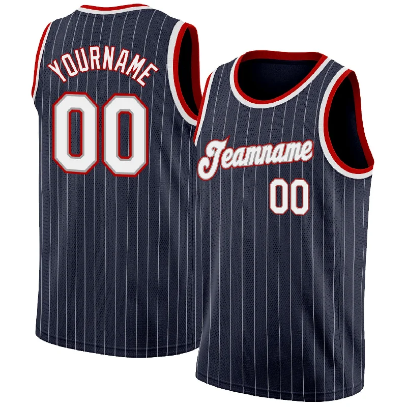 Custom Navy White Pinstripe White-Red Authentic Basketball Jersey