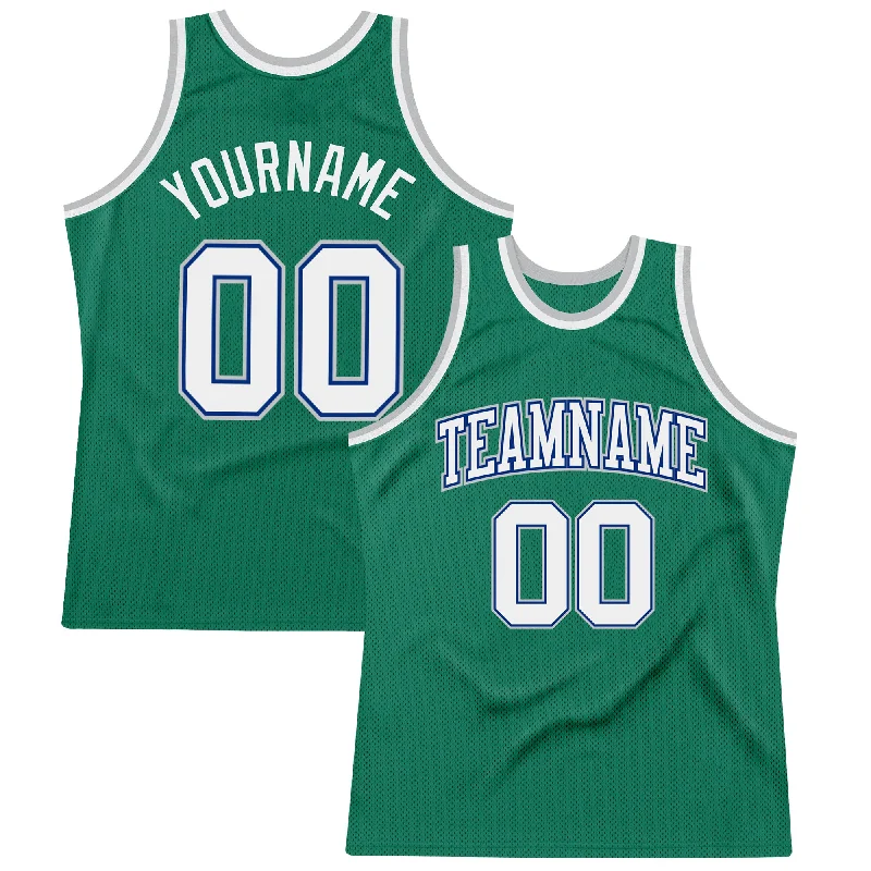 Custom Kelly Green White Royal-Gray Authentic Throwback Basketball Jersey