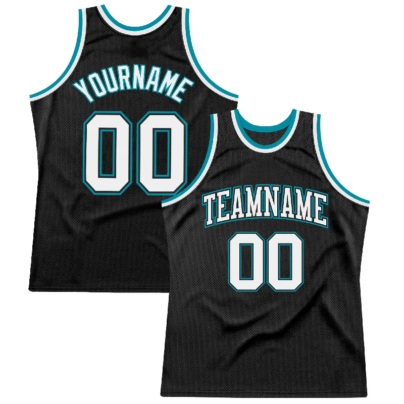 Custom Black White-Teal Authentic Throwback Basketball Jersey