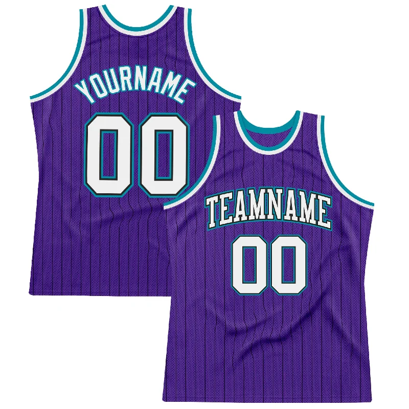 Custom Purple Black Pinstripe White-Teal Authentic Basketball Jersey