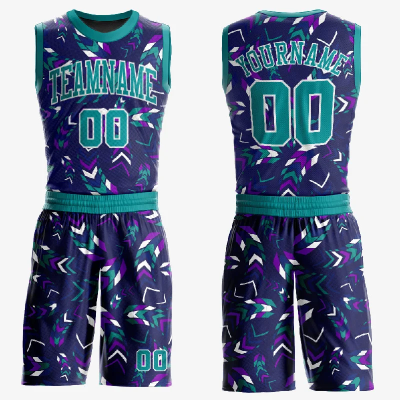 Custom Purple Aqua-White Music Festival Round Neck Sublimation Basketball Suit Jersey