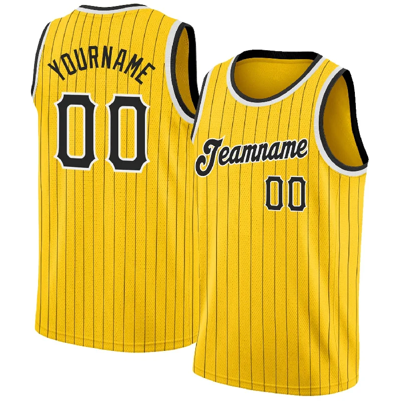 Custom Gold Black Pinstripe Black-White Authentic Basketball Jersey