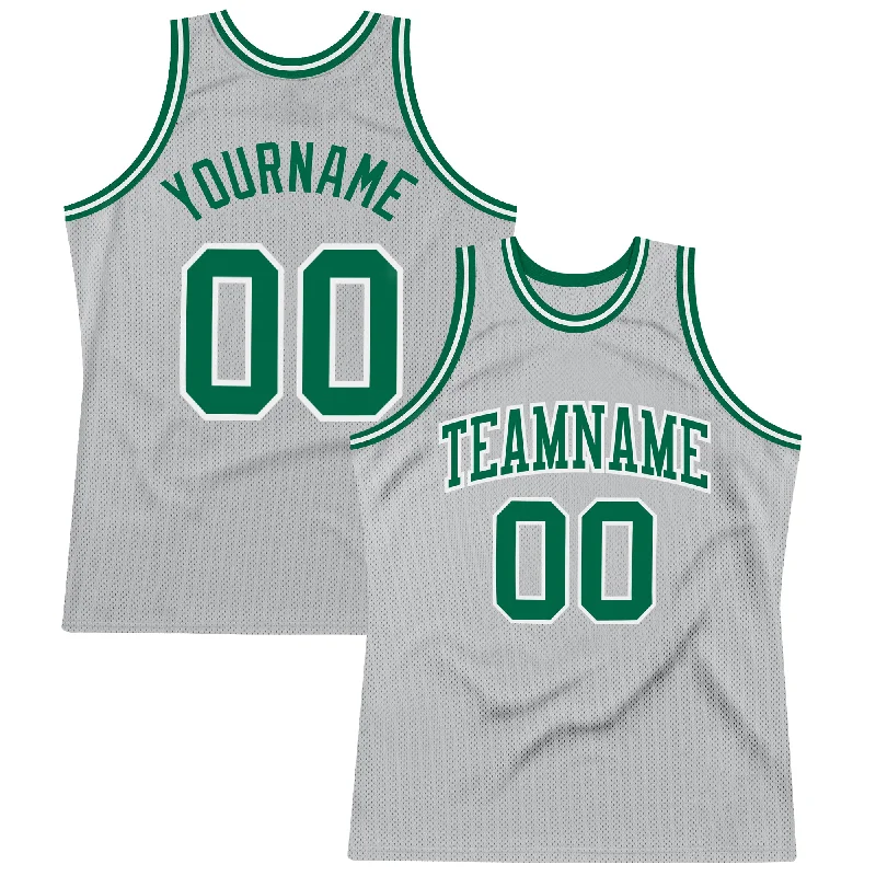 Custom Gray Kelly Green-White Authentic Throwback Basketball Jersey