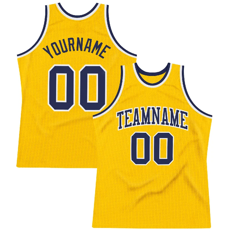 Custom Gold Navy-White Authentic Throwback Basketball Jersey