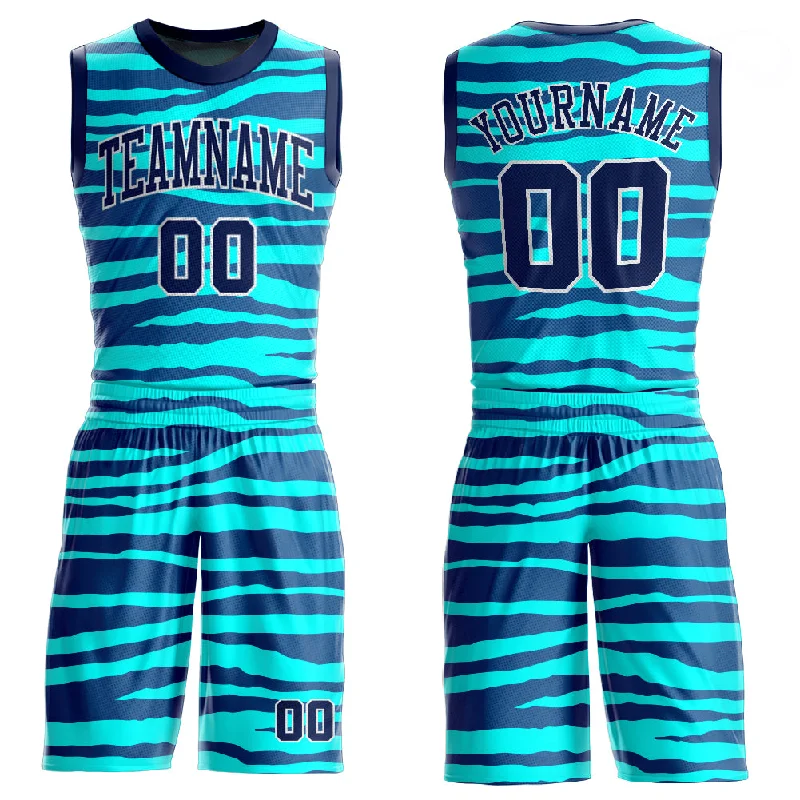 Custom Teal Navy-White Round Neck Sublimation Basketball Suit Jersey