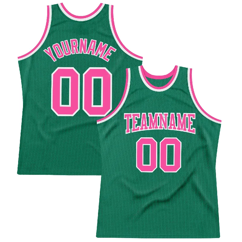 Custom Kelly Green Pink-White Authentic Throwback Basketball Jersey