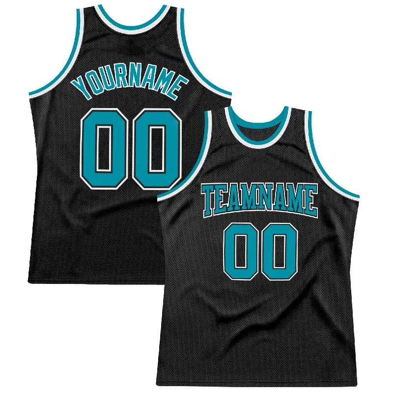 Custom Black Teal-White Authentic Throwback Basketball Jersey