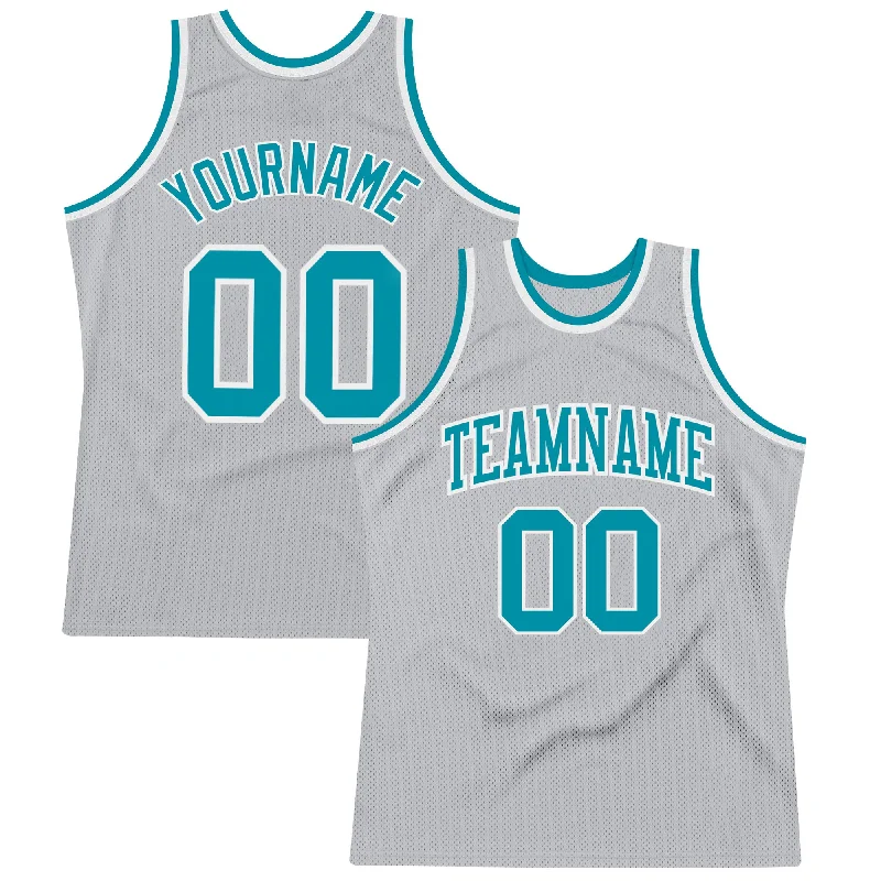 Custom Gray Teal-White Authentic Throwback Basketball Jersey