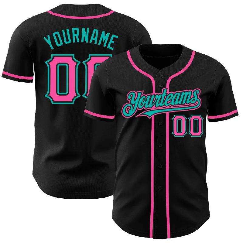 Custom Black Pink-Aqua Authentic Baseball Jersey