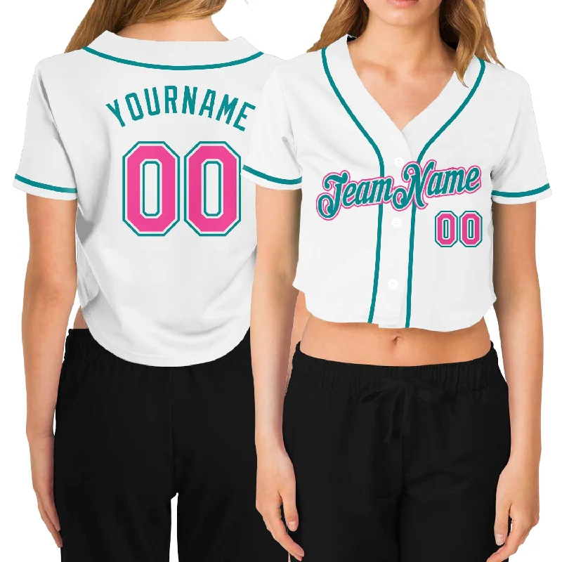 Custom Women's White Pink-Aqua V-Neck Cropped Baseball Jersey