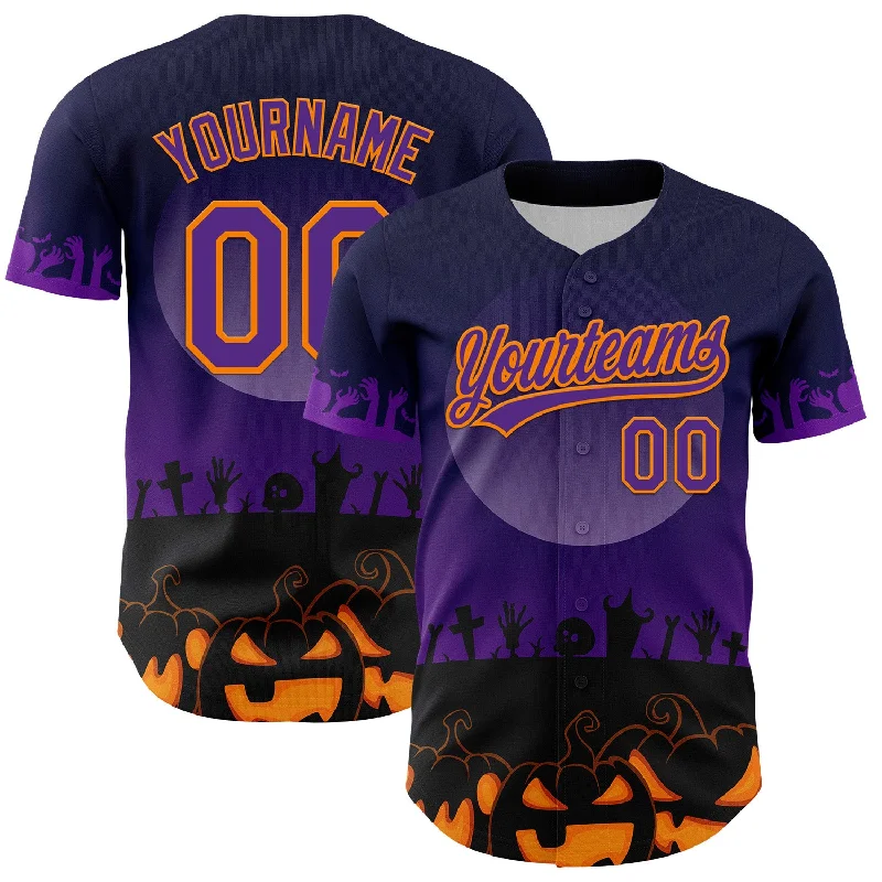 Custom Black Purple-Bay Orange 3D Pattern Halloween Skull Authentic Baseball Jersey