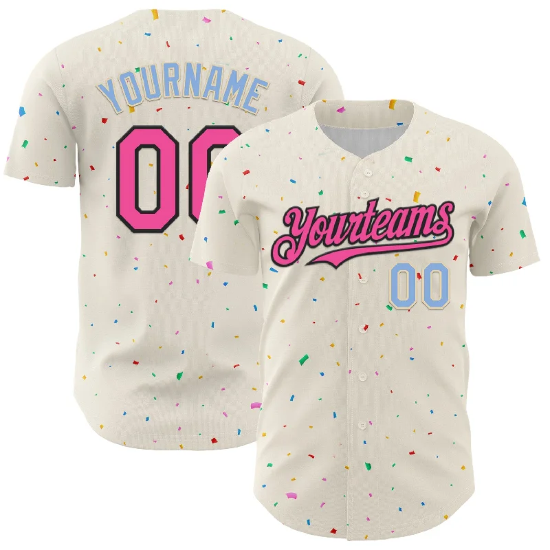 Custom Cream Pink Black-Light Blue 3D Pattern Design Confetti Authentic Baseball Jersey