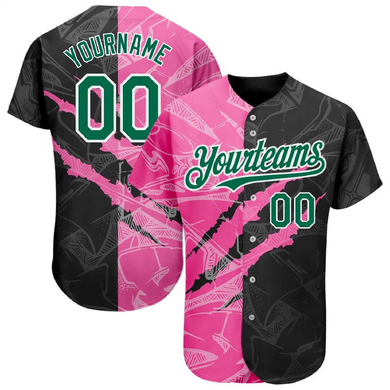 Custom Graffiti Pattern Kelly Green Black-Pink 3D Scratch Authentic Baseball Jersey