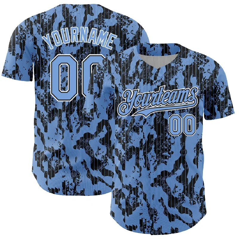 Custom Light Blue Black-White 3D Pattern Design Abstract Fluid Authentic Baseball Jersey