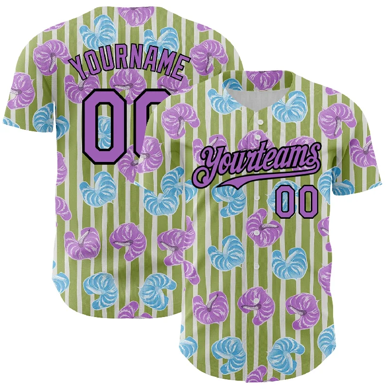 Custom Olive Medium Purple-Black 3D Pattern Design Tropical Anthurium Flower Authentic Baseball Jersey