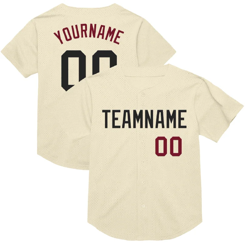 Custom Cream Black-Crimson Mesh Authentic Throwback Baseball Jersey