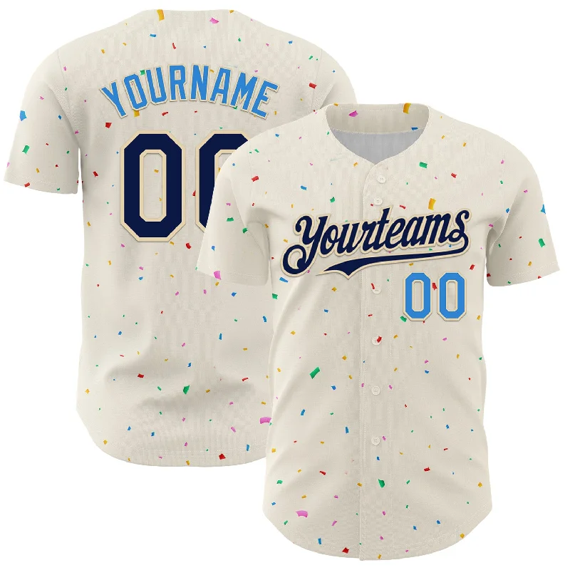 Custom Cream Navy-Electric Blue 3D Pattern Design Confetti Authentic Baseball Jersey