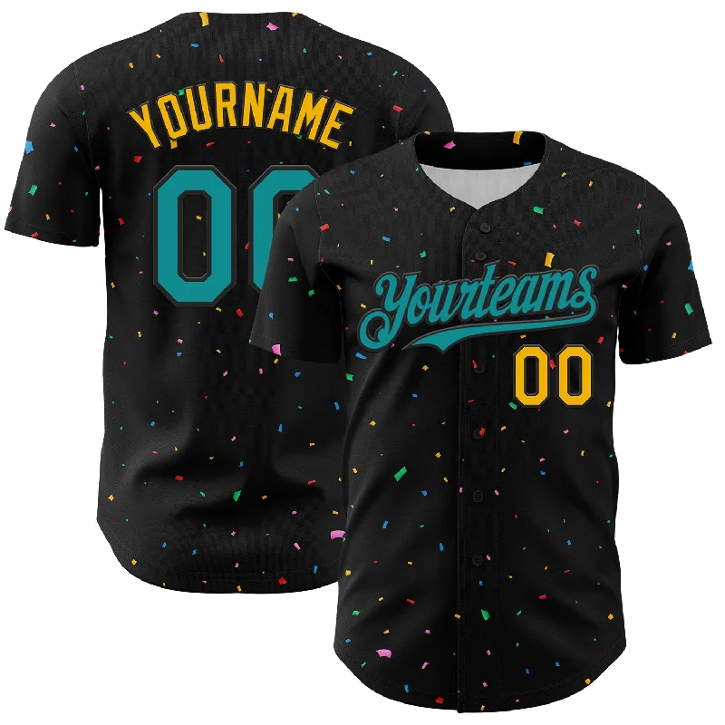 Custom Black Teal-Gold 3D Pattern Design Confetti Authentic Baseball Jersey