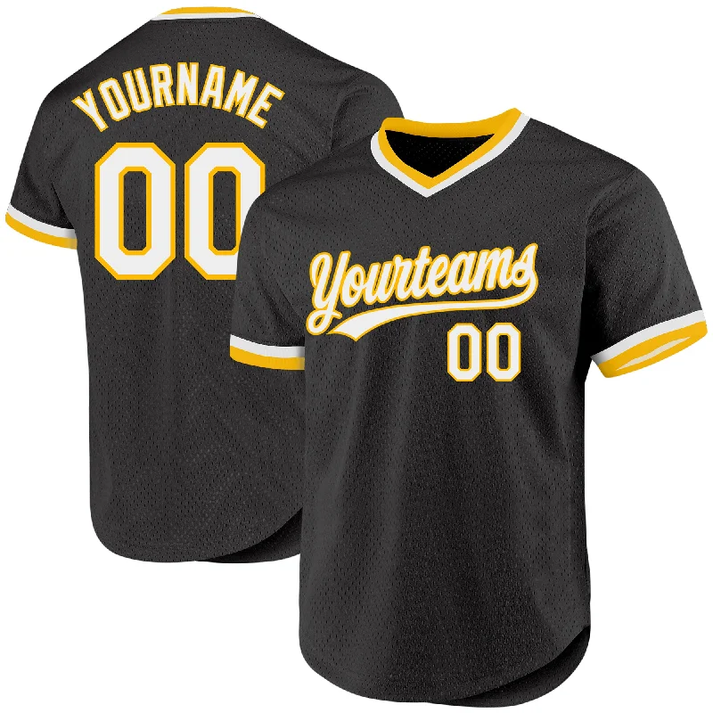 Custom Black White-Gold Authentic Throwback Baseball Jersey