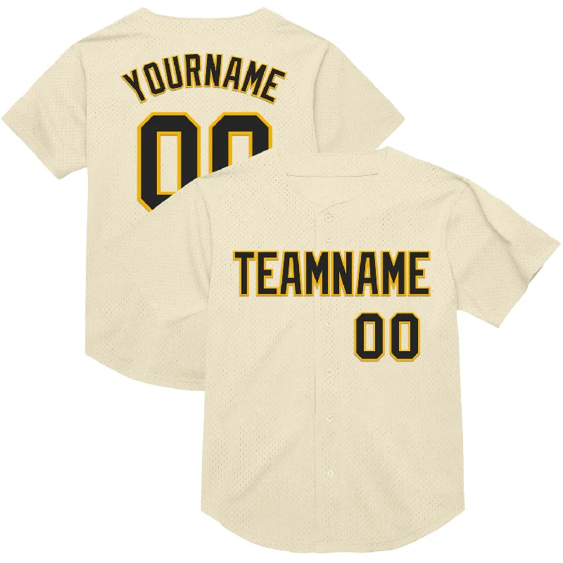 Custom Cream Black-Gold Mesh Authentic Throwback Baseball Jersey